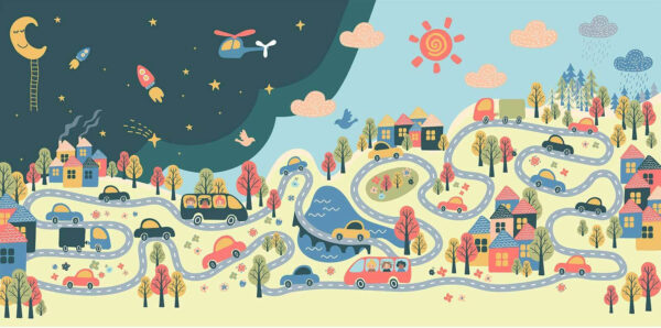 Cartoon of cars and houses