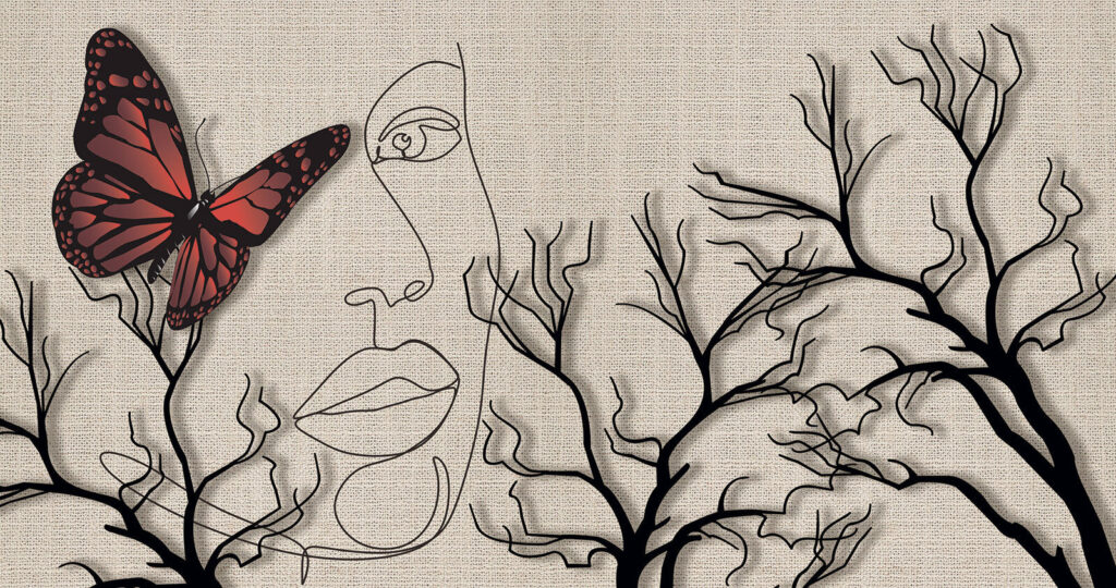 Farfalla e disegno di un volto di donna’. Farfalla e disegno di un volto di donna’.