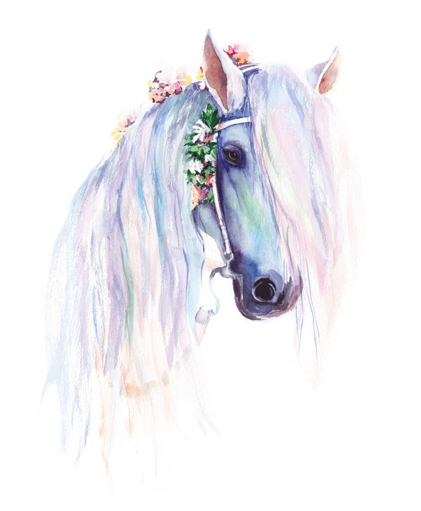 u93591p 844x1024 - Acquarello di un cavallo con fiori sulla testa