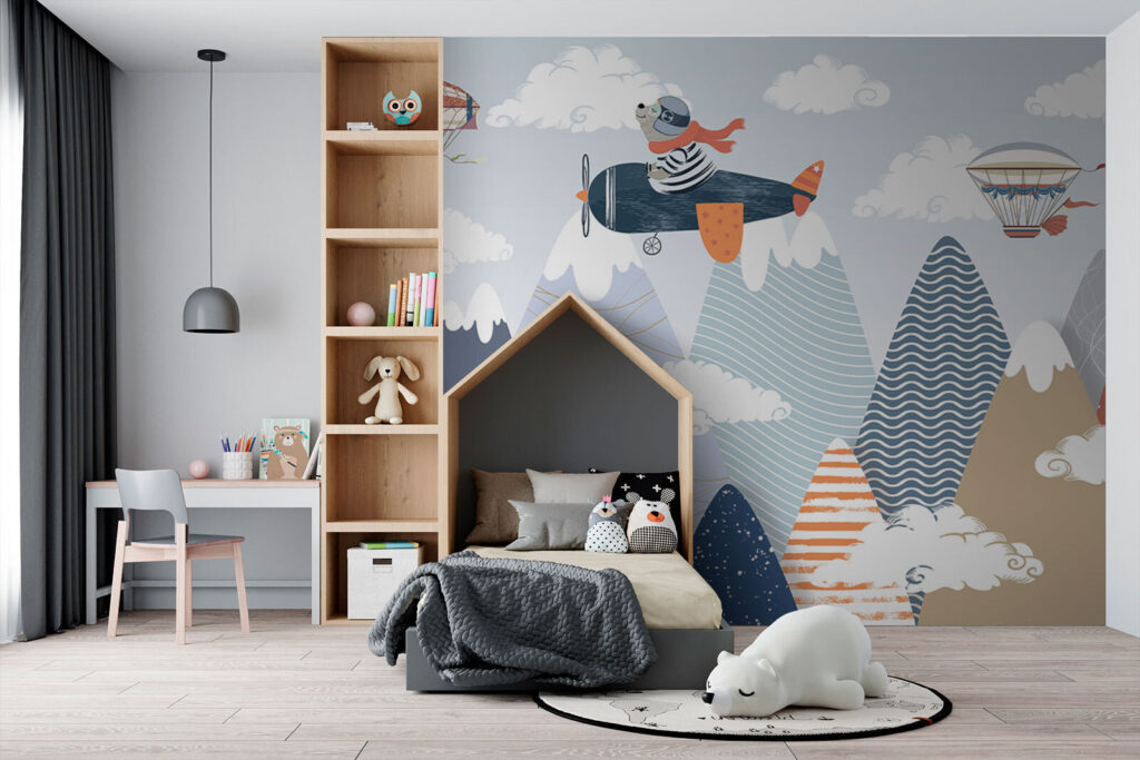 Cartoon bear flying on an airplane