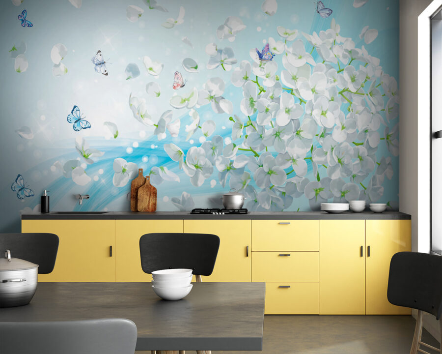 Fiori bianchi con farfalle in volo