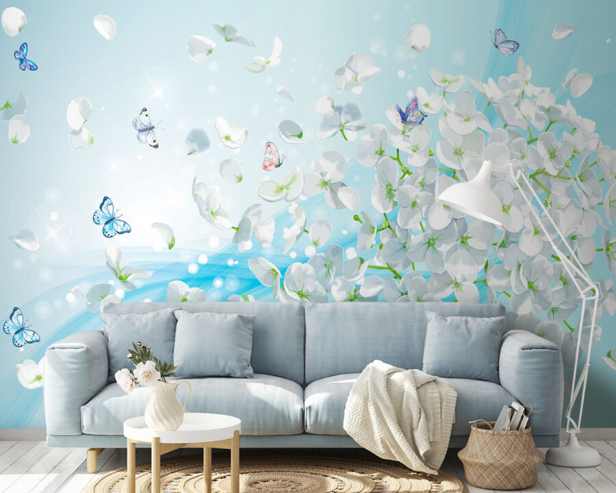 Fiori bianchi con farfalle in volo