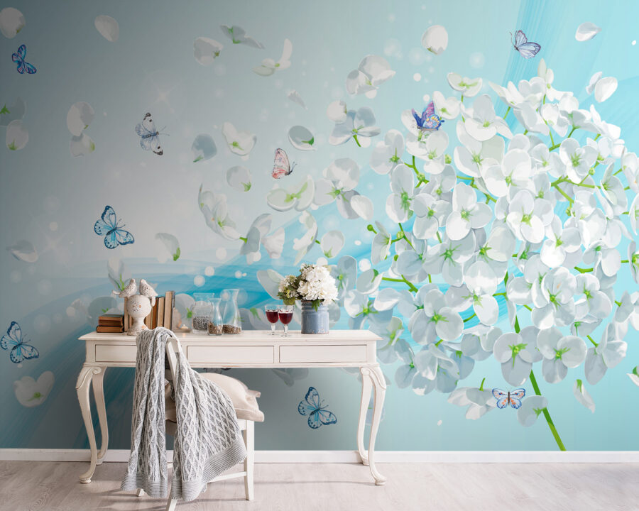 Fiori bianchi con farfalle in volo