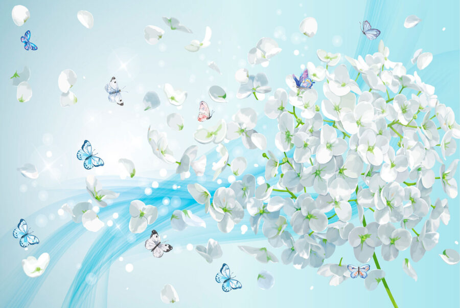 Fiori bianchi con farfalle in volo