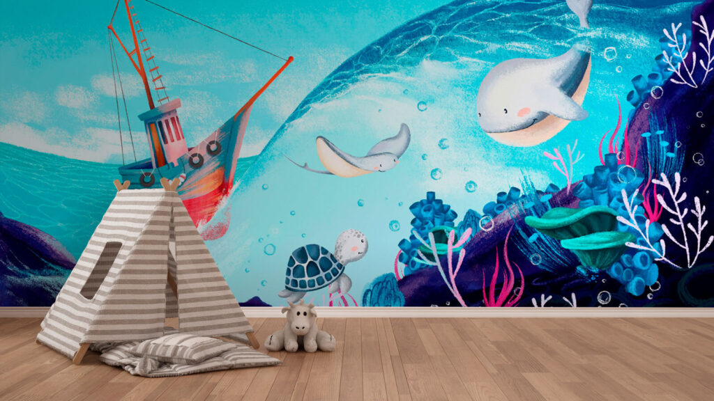 Cartoon of a boat and sea animals Cartoon of a boat and sea animals