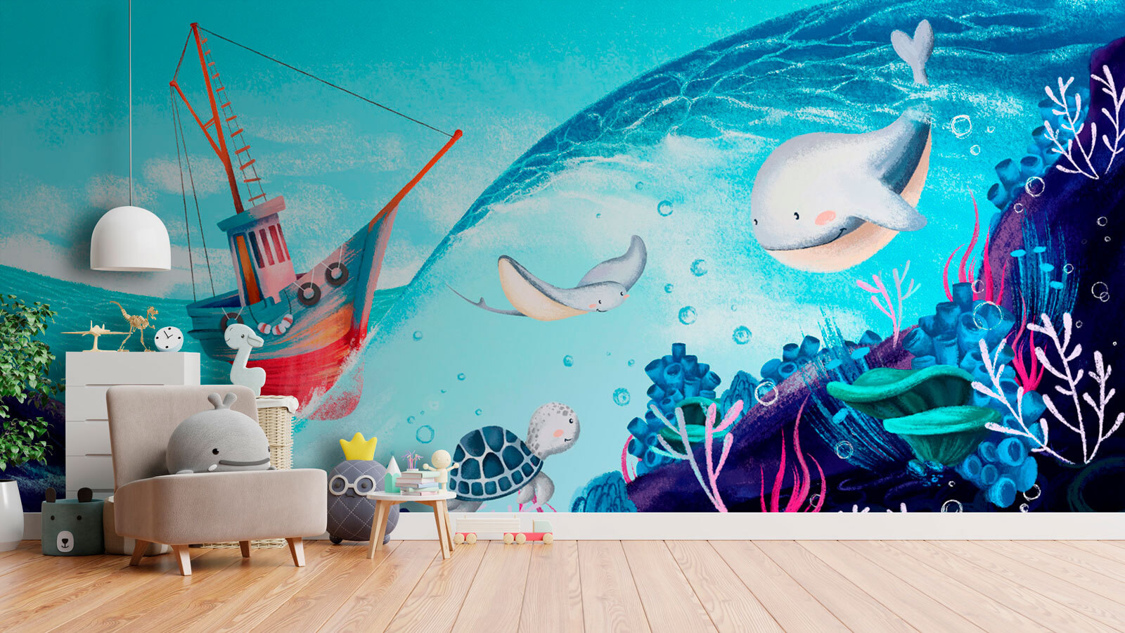 Cartoon of a boat and sea animals Cartoon of a boat and sea animals