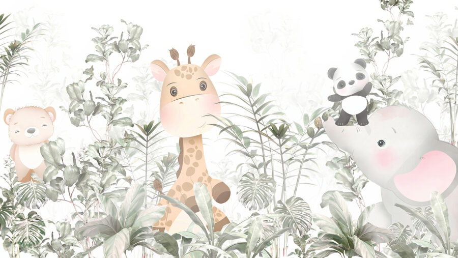 Giraffa e panda in una foresta