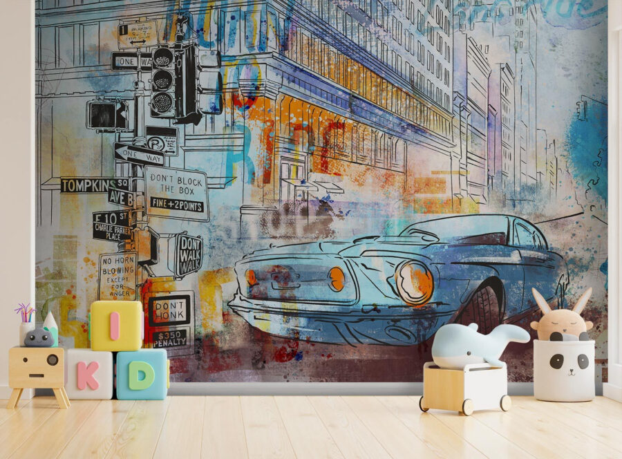 Disegno di un'auto all'angolo della strada
