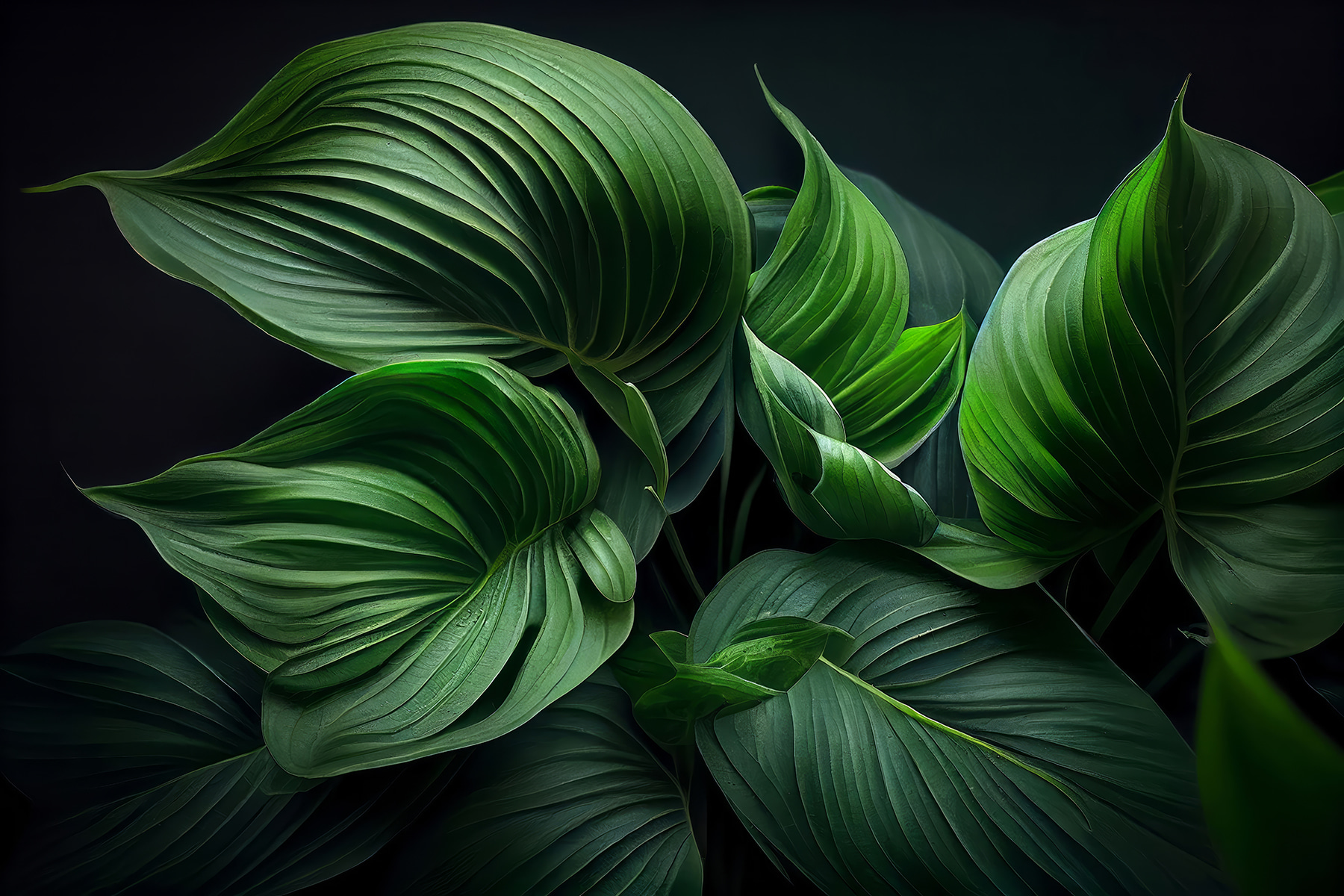 Lush green leaves in serene darkness