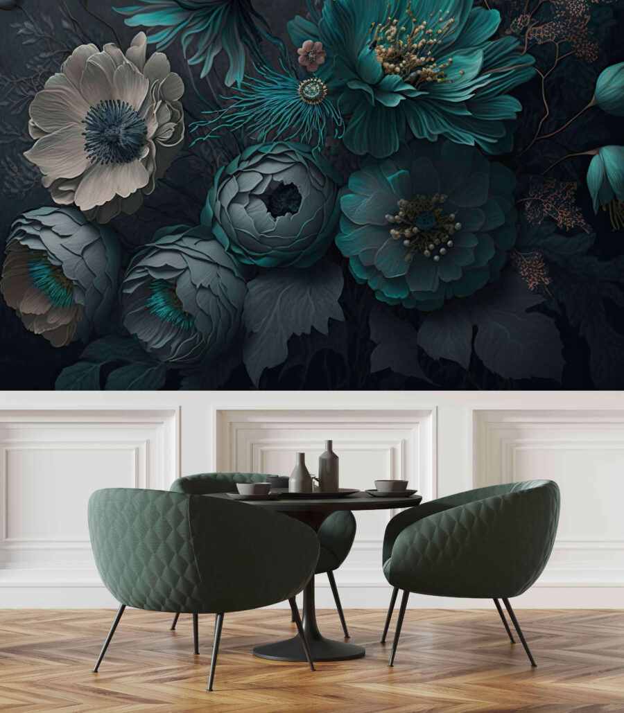 Elegante composizione floreale dai toni freddi.