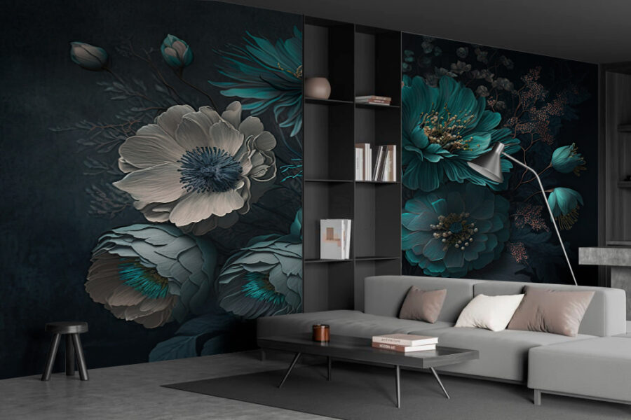 Elegante composizione floreale dai toni freddi.