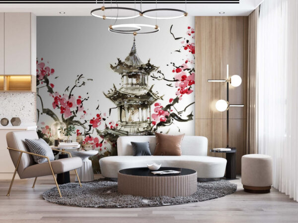 Pittura di una pagoda e fiori di ciliegio Pittura di una pagoda e fiori di ciliegio