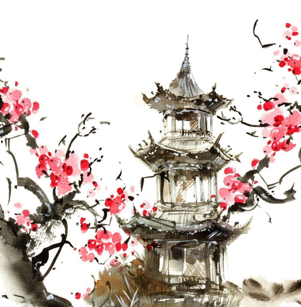 Pittura di una pagoda e fiori di ciliegio Pittura di una pagoda e fiori di ciliegio