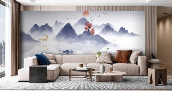Pittura di una barca su una montagna con alberi e montagne sullo sfondo Pittura di una barca su una montagna con alberi e montagne sullo sfondo