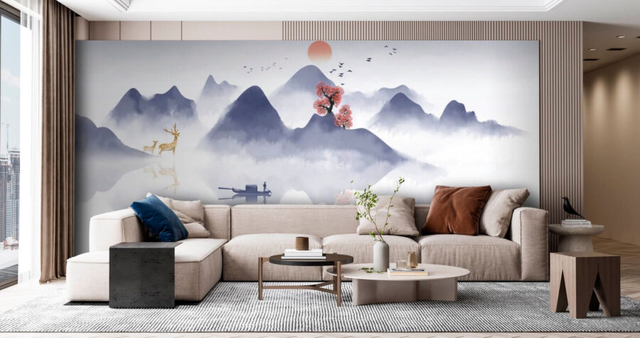 Pittura di una barca su una montagna con alberi e montagne sullo sfondo Pittura di una barca su una montagna con alberi e montagne sullo sfondo
