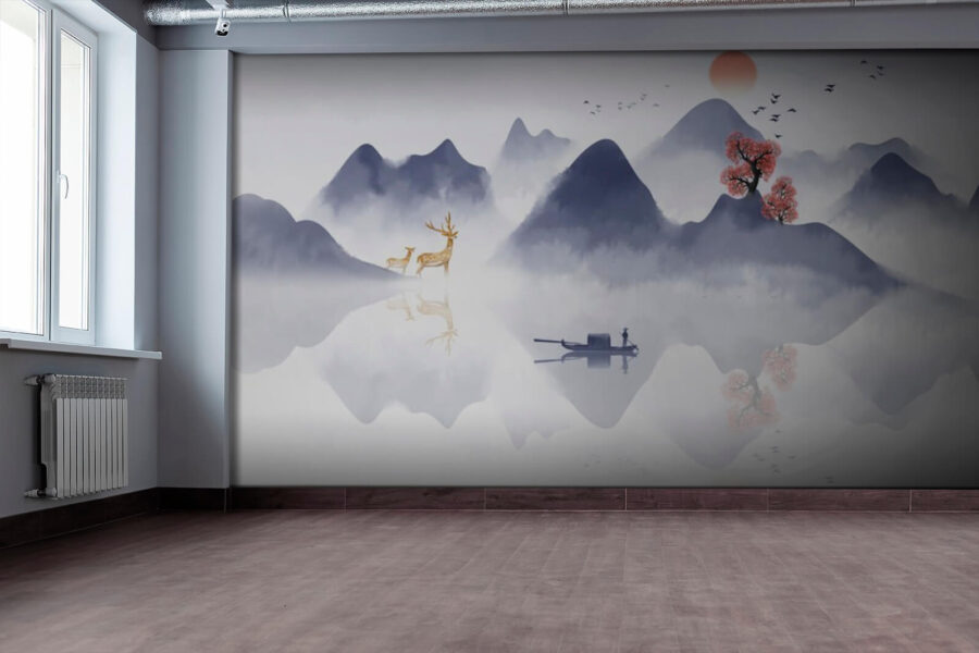 Pittura di una barca su una montagna con alberi e montagne sullo sfondo Pittura di una barca su una montagna con alberi e montagne sullo sfondo