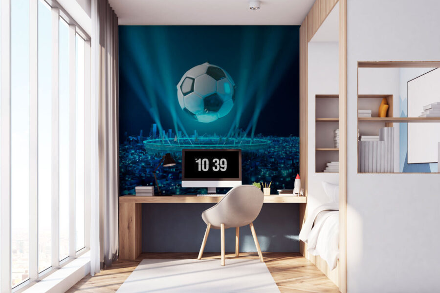 Pallone da calcio sopra uno stadio