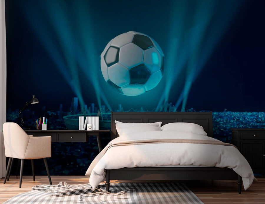 Pallone da calcio sopra uno stadio