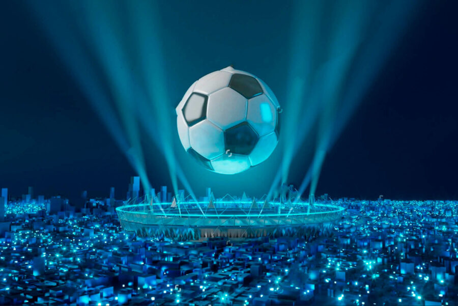 Pallone da calcio sopra uno stadio