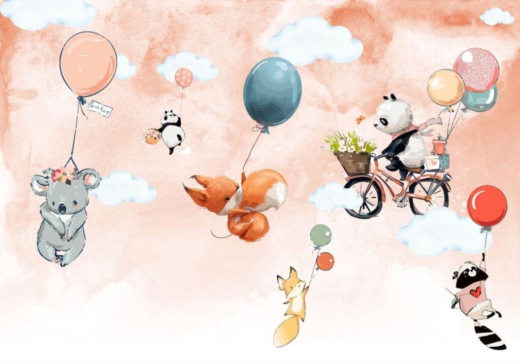 Animali dei cartoni animati che volano con i palloncini Animali dei cartoni animati che volano con i palloncini
