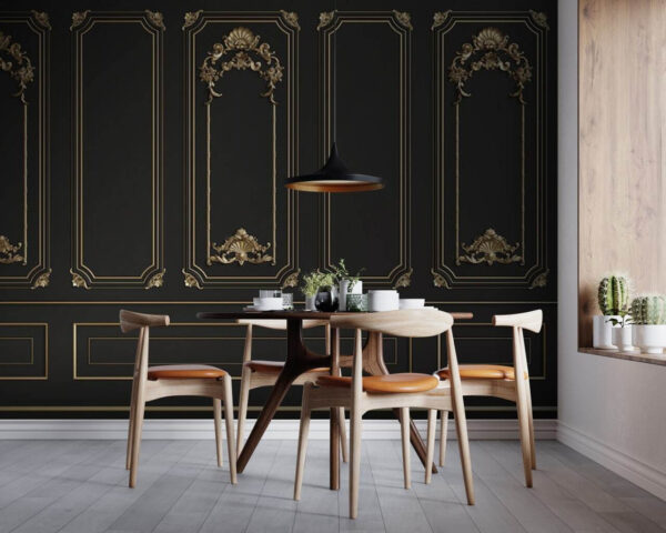 Eleganti pannelli neri con accenti ornamentali. Eleganti pannelli neri con accenti ornamentali.