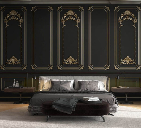 Eleganti pannelli neri con accenti ornamentali. Eleganti pannelli neri con accenti ornamentali.