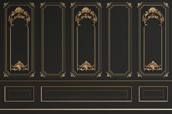 Eleganti pannelli neri con accenti ornamentali. Eleganti pannelli neri con accenti ornamentali.