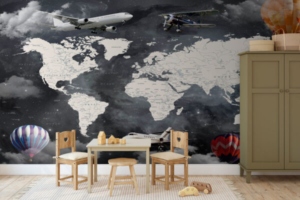 Mappa del mondo con aerei e mongolfiere Mappa del mondo con aerei e mongolfiere