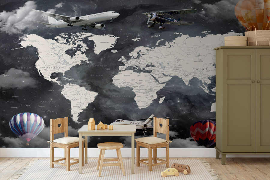 Mappa del mondo con aerei e mongolfiere Mappa del mondo con aerei e mongolfiere