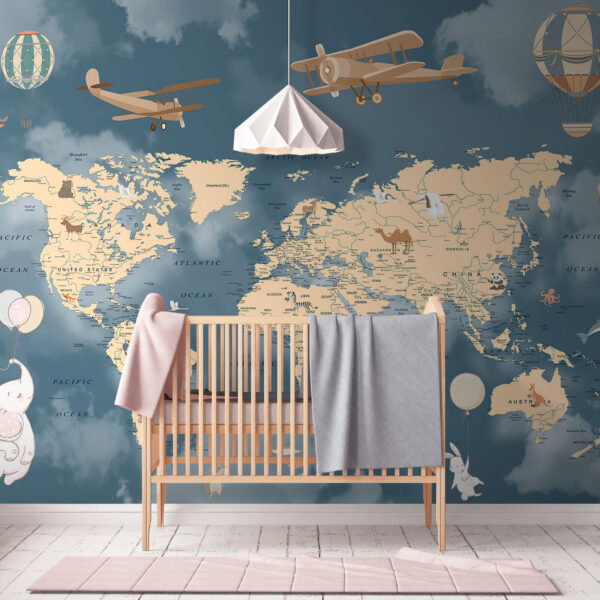 Mappa del mondo con aeroplani e palloncini Mappa del mondo con aeroplani e palloncini