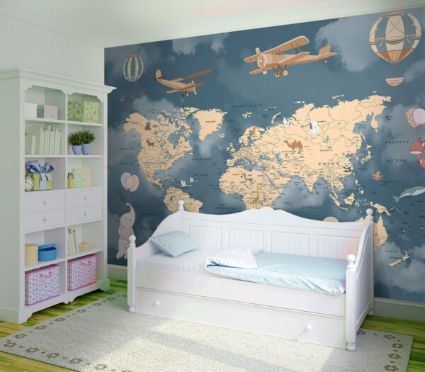 Mappa del mondo con aeroplani e palloncini Mappa del mondo con aeroplani e palloncini
