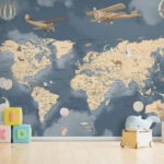 Carta da parati Mappa del mondo con aeroplani e palloncini
