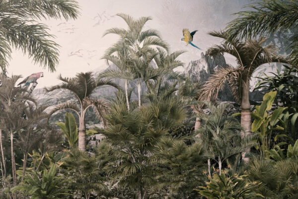 Foresta tropicale con palme e un uccello in volo Foresta tropicale con palme e un uccello in volo