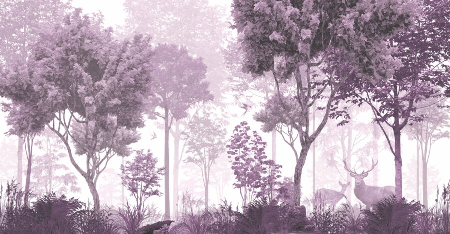 Un'immagine viola e bianca di alberi e piante