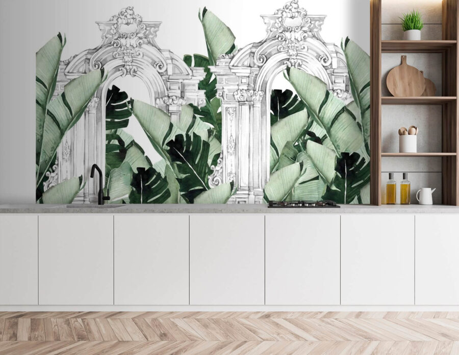Arco bianco con foglie verdi Arco bianco con foglie verdi