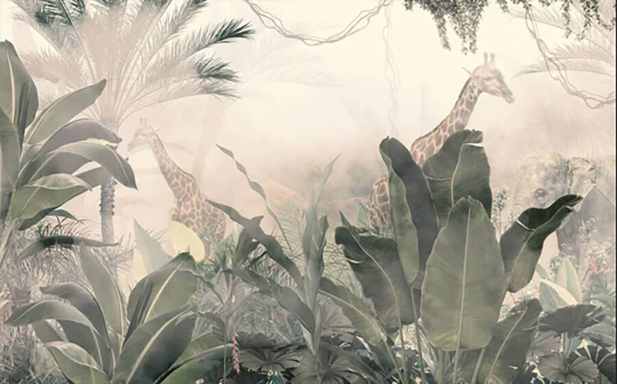 Carta da parati Giraffe in una foresta con alberi e piante - immagine 4