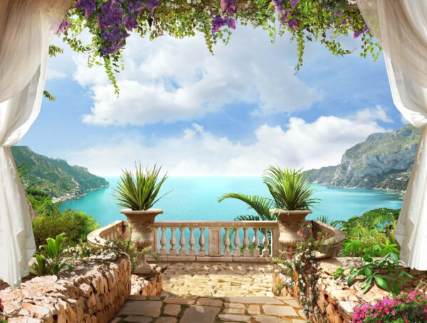 Balcone con piante e vista sull'oceano Balcone con piante e vista sull'oceano