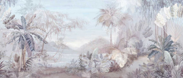 Painting of a landscape with trees and mountains Painting of a landscape with trees and mountains