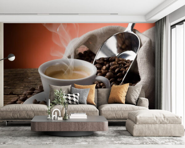 Tazza di caffè con vapore e chicchi di caffè Tazza di caffè con vapore e chicchi di caffè