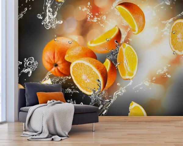Arance che cadono in acqua con schizzi d'acqua Arance che cadono in acqua con schizzi d'acqua