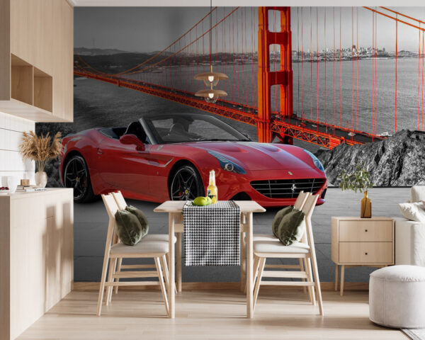 Auto sportiva rossa su una strada con un ponte sullo sfondo Auto sportiva rossa su una strada con un ponte sullo sfondo