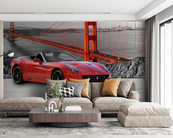 Auto sportiva rossa su una strada con un ponte sullo sfondo Auto sportiva rossa su una strada con un ponte sullo sfondo
