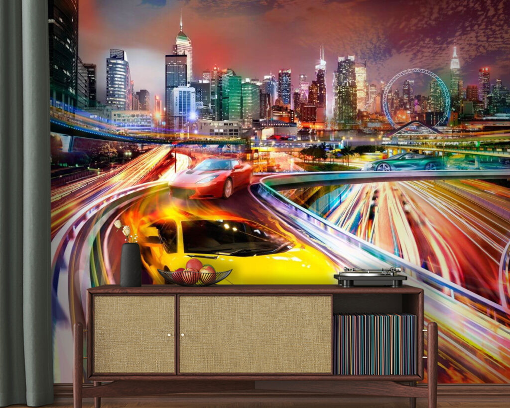 Yellow and red sports cars on a road with a city in the background