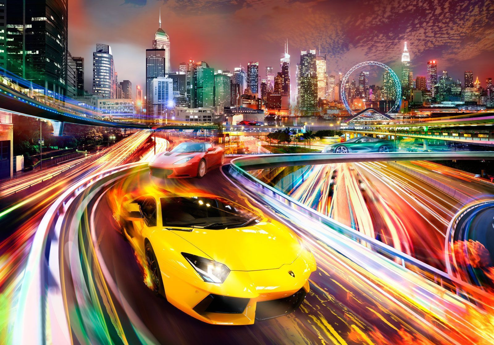 Yellow and red sports cars on a road with a city in the background