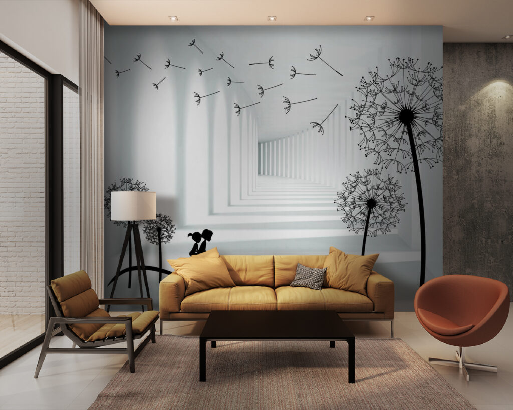 Girl riding a bike in a room with dandelions Girl riding a bike in a room with dandelions