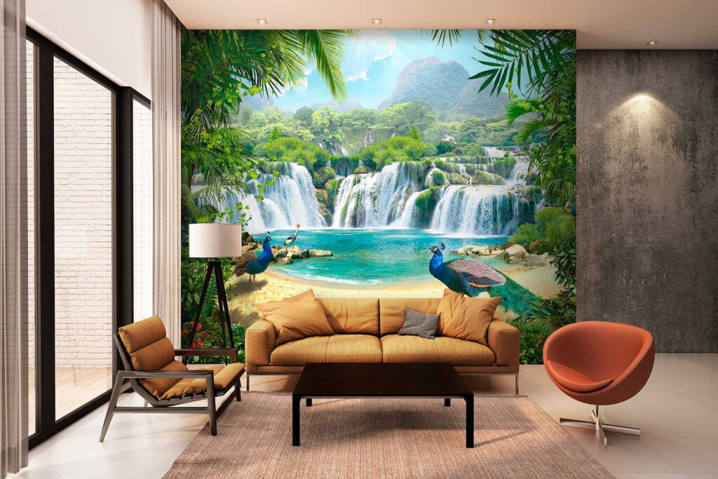 Waterfall and birds in a forest