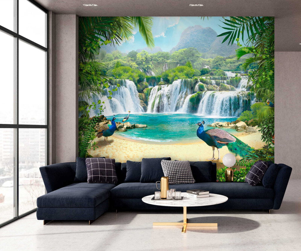 Waterfall and birds in a forest