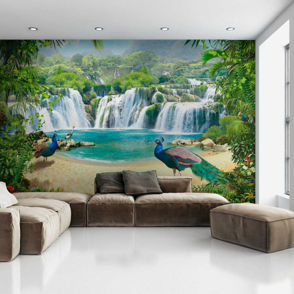 Waterfall and birds in a forest