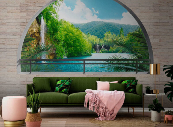 Finestra con cascata e alberi Finestra con cascata e alberi