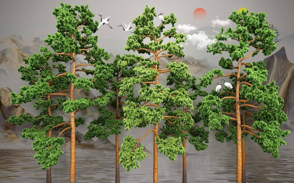 Gruppo di alberi con uccelli che volano sopra di loro Gruppo di alberi con uccelli che volano sopra di loro